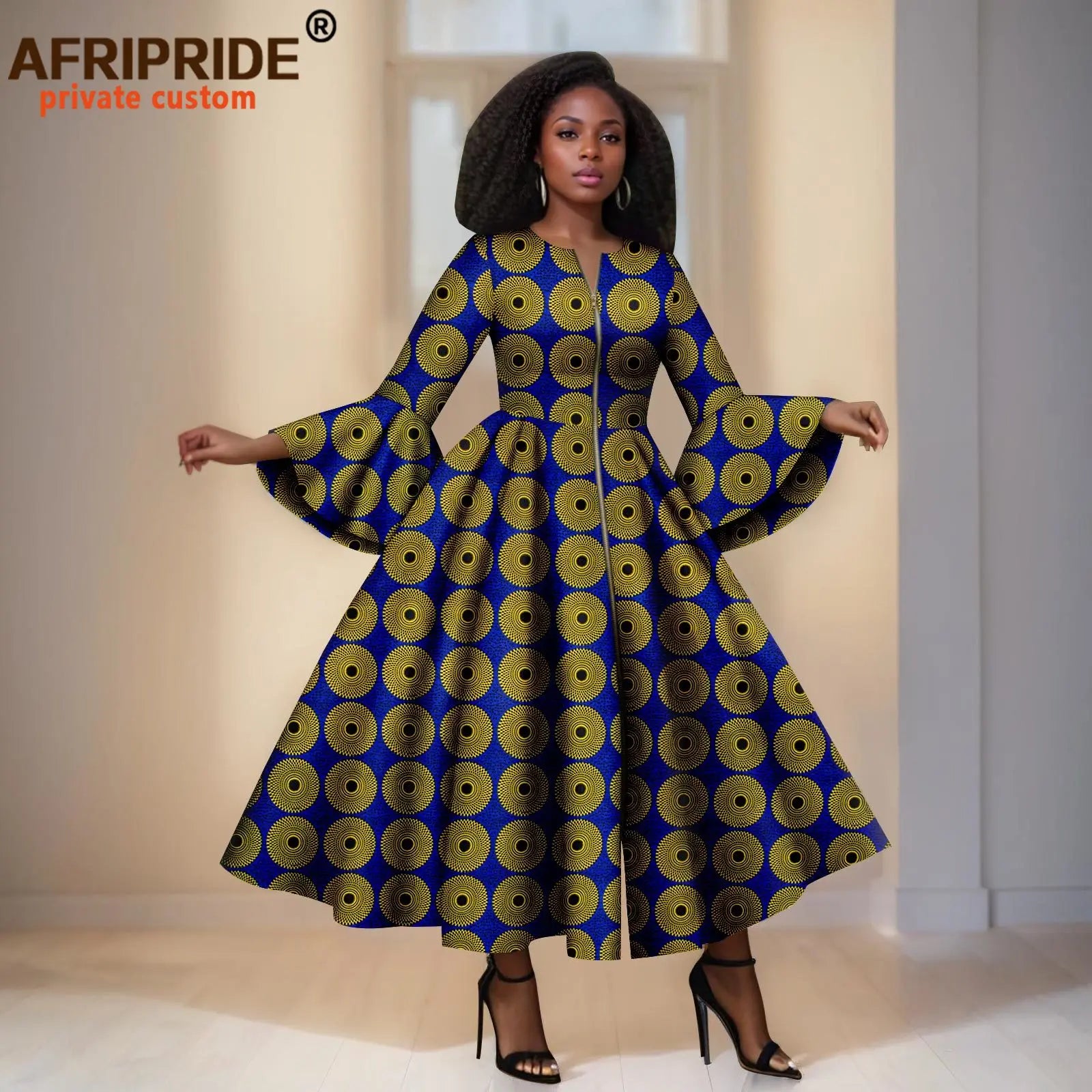 Royal Blue Ankara Maxi Dress With Yellow Circles & Black Dots – Bell Sleeves & Zipper Detail