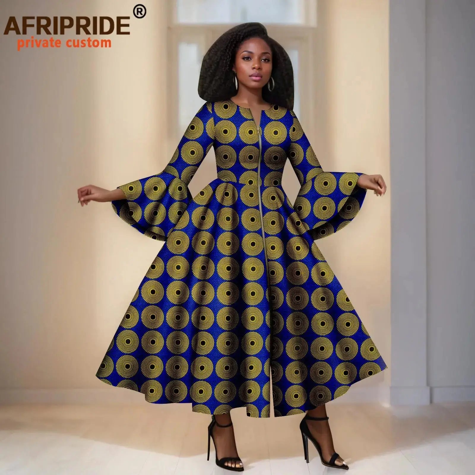 Royal Blue Ankara Maxi Dress With Yellow Circles & Black Dots – Bell Sleeves & Zipper Detail