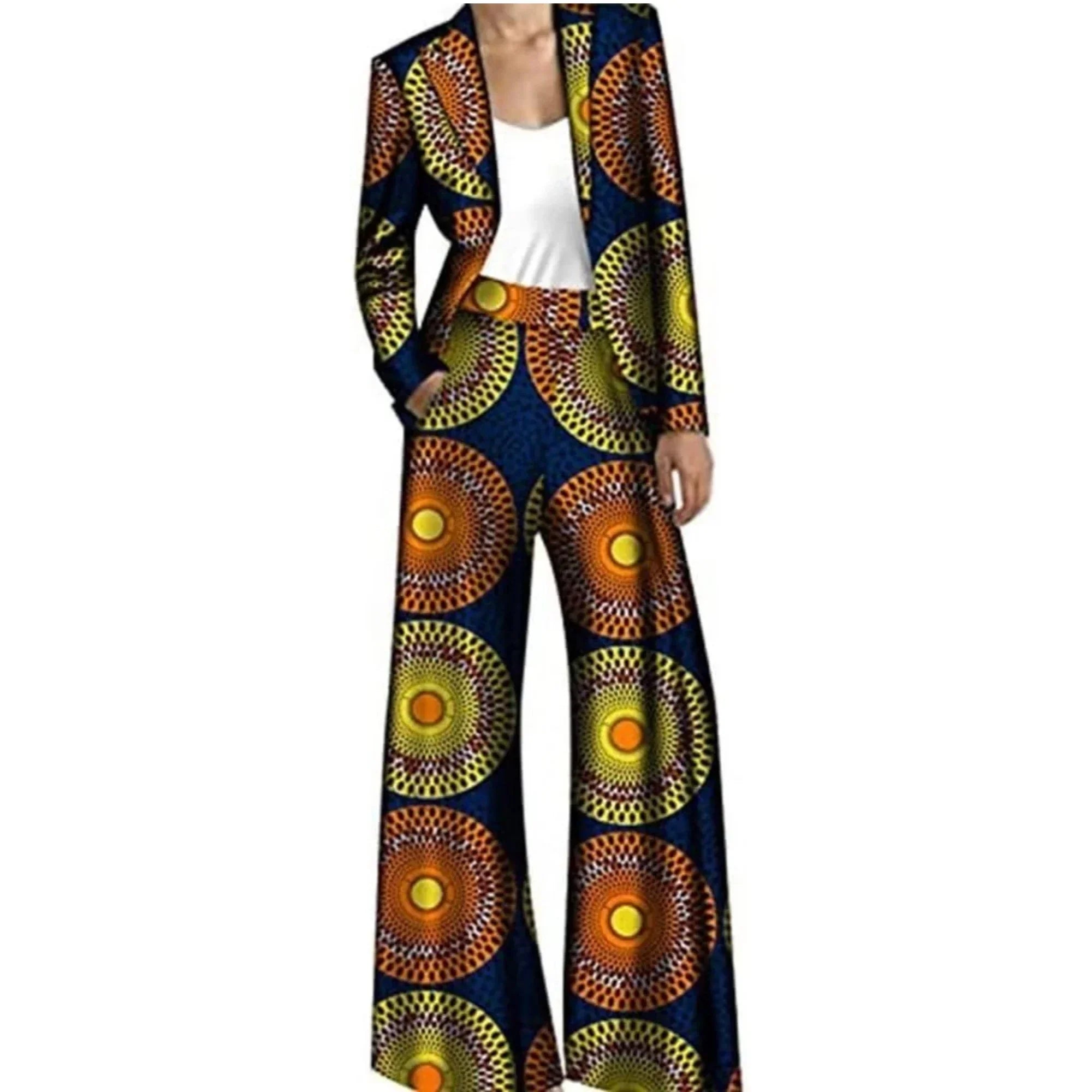 African pantsuit with a navy base and circular yellow-orange patterns. Features a tailored jacket and wide-leg trousers in 100% cotton fabric.