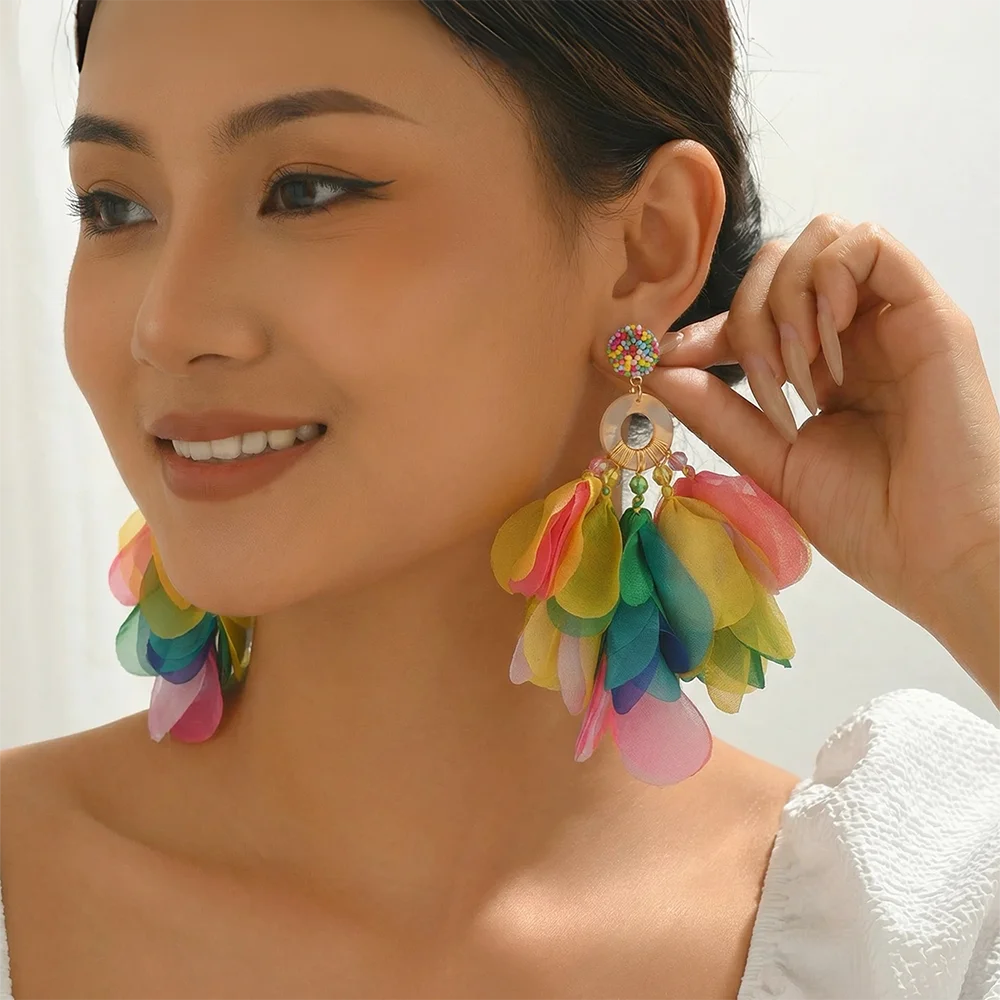 Oversized Fabric Petal Tassel Statement Earrings | Lightweight Floral Boho Drop Earrings for Women