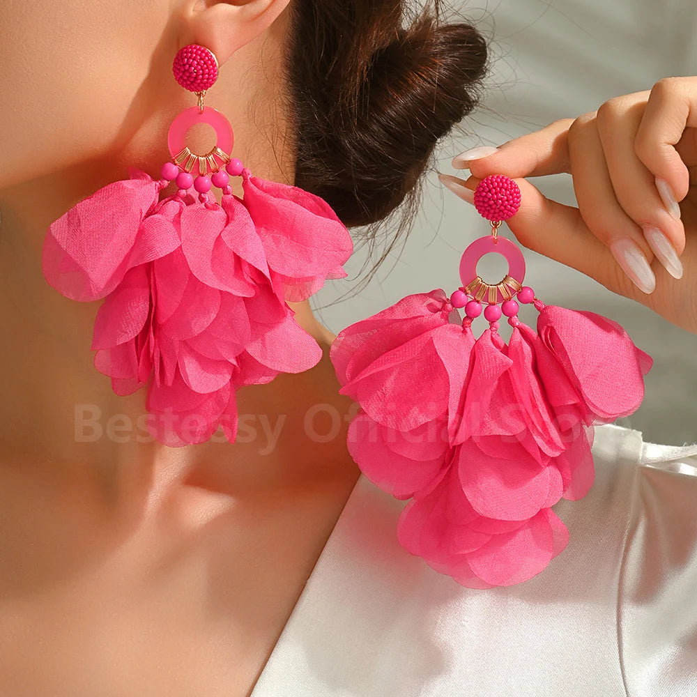 Oversized Fabric Petal Tassel Statement Earrings | Lightweight Floral Boho Drop Earrings for Women