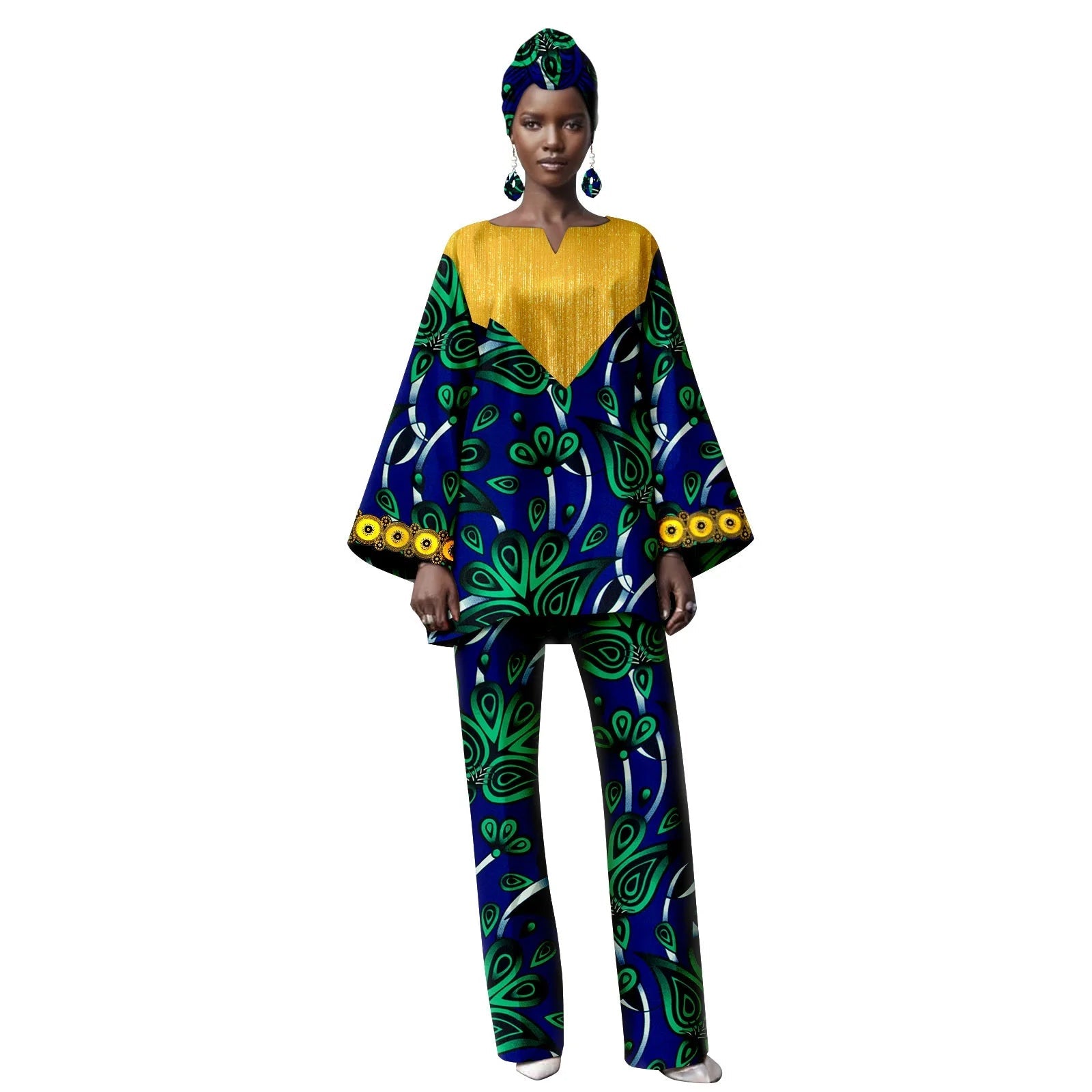 Woman wearing a colorful outfit with a patterned top and pants on a white background.