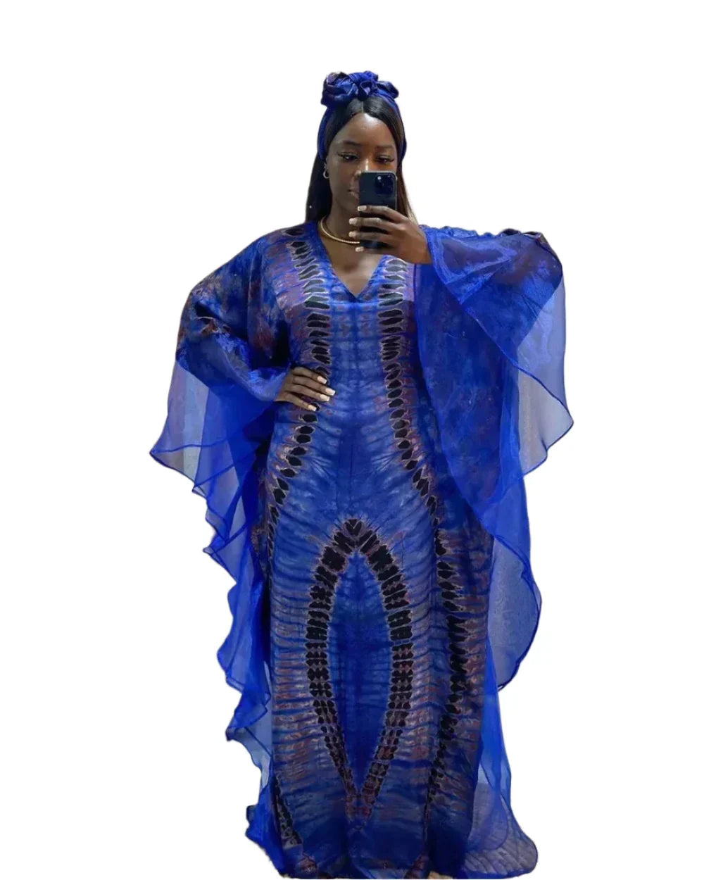 Blue mesh patchwork caftan abaya dress with headscarf, featuring a striking African print and elegant sheer sleeves.