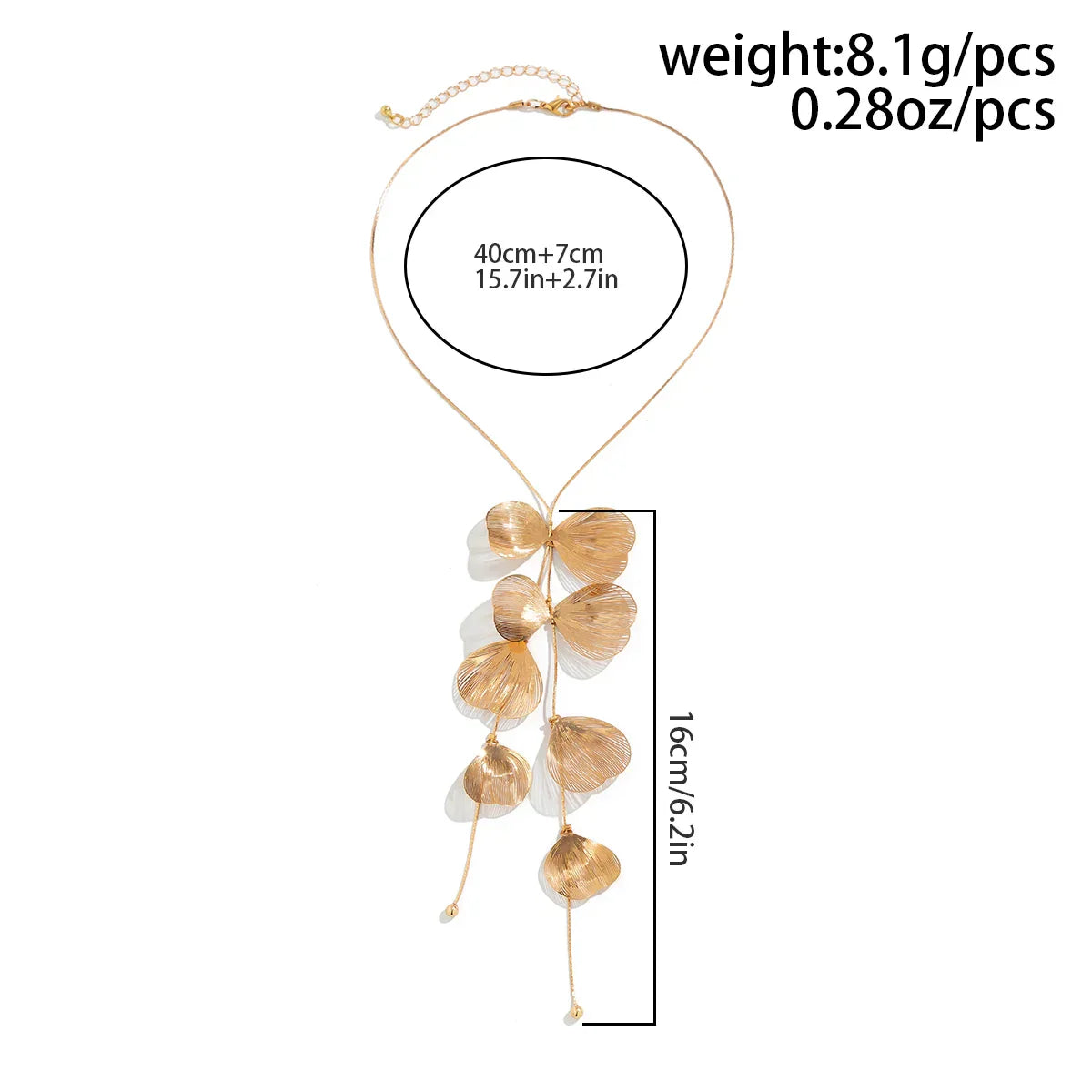 Charm Petals Long Tassel Necklace Choker with size and weight details, featuring a gold-tone floral charm design with a 16cm pendant length.
