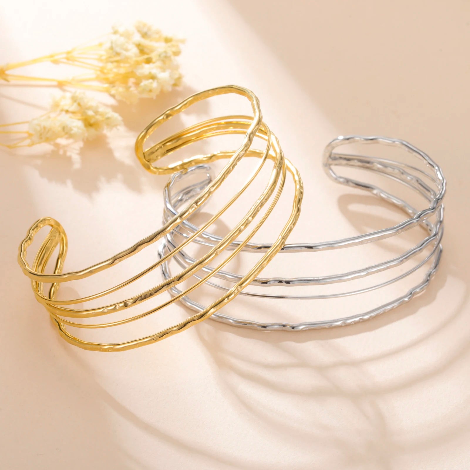 Gold Multi-Layer Wire Hair Cuff — 18K Gold Plated Hammered Stainless Steel Open Bangle