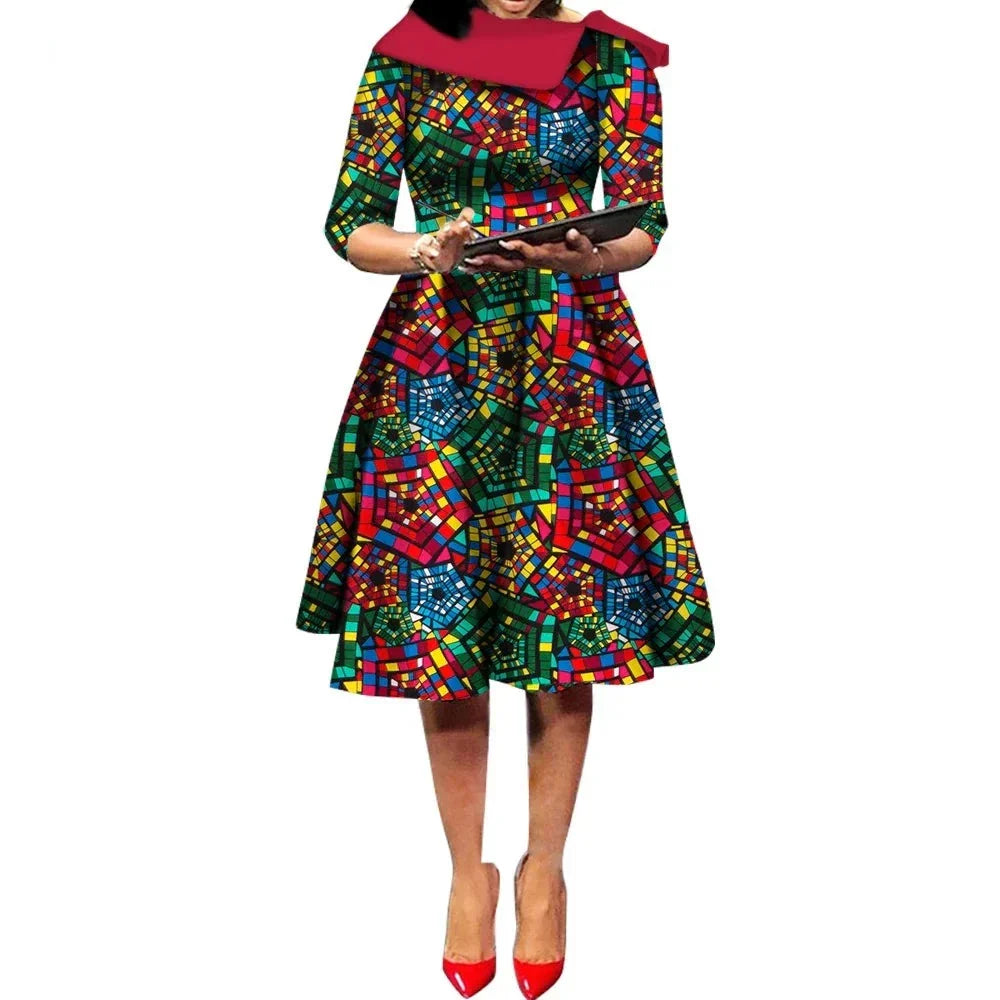 African Ankara Wax Print Midi Dress with a multicolored mosaic pattern, inspired by traditional African textiles.