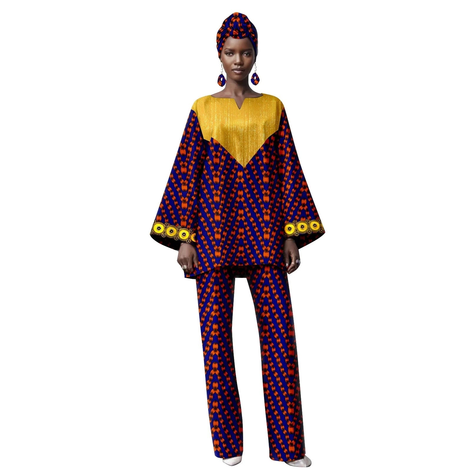 Woman wearing a colorful outfit with a patterned headscarf on a white background