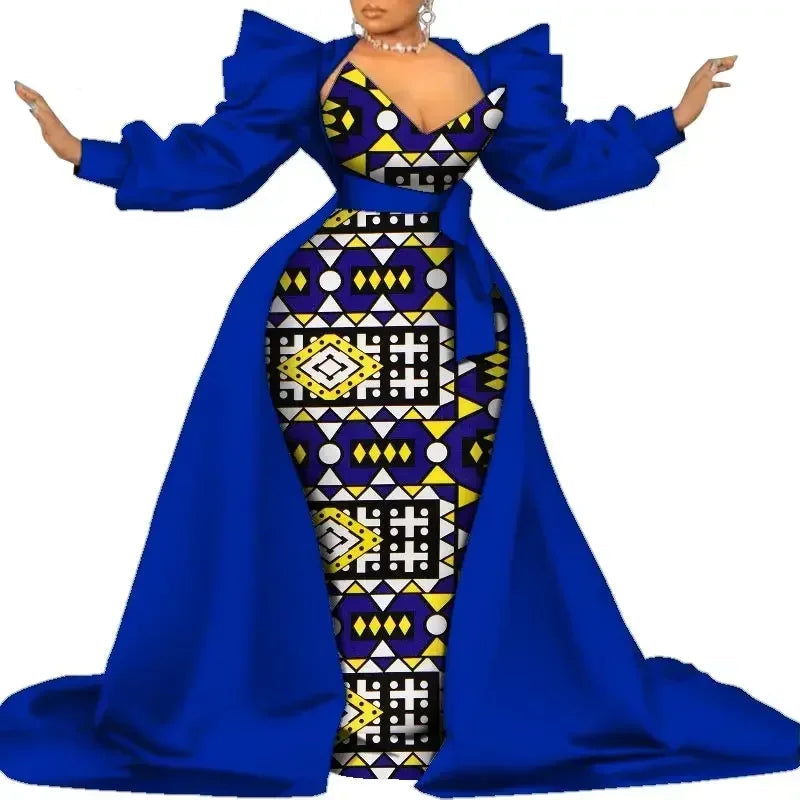 African Dress Ankara with blue long sleeves and geometric pattern on a white background