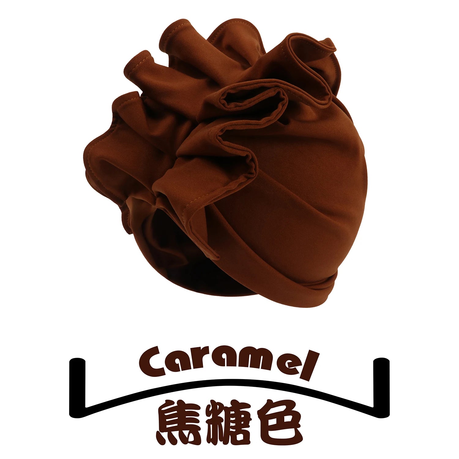 Caramel Rosette Radiance Premade Headwrap with soft ruffle details. A warm-toned and stylish headwrap for effortless elegance.