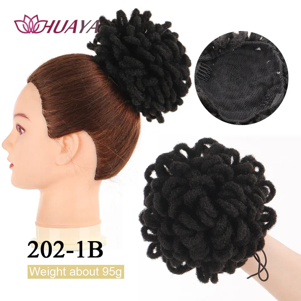 Jet black dreadlocks hair extensions loc bun with a soft and voluminous texture. Designed for a natural and stylish updo.