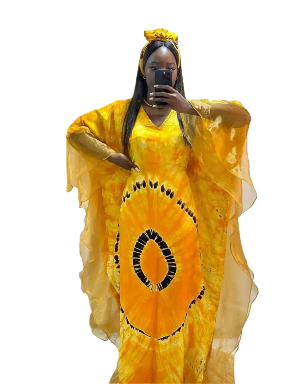 Yellow mesh patchwork caftan abaya dress with headscarf, showcasing a vibrant African print and airy chiffon sleeves.
