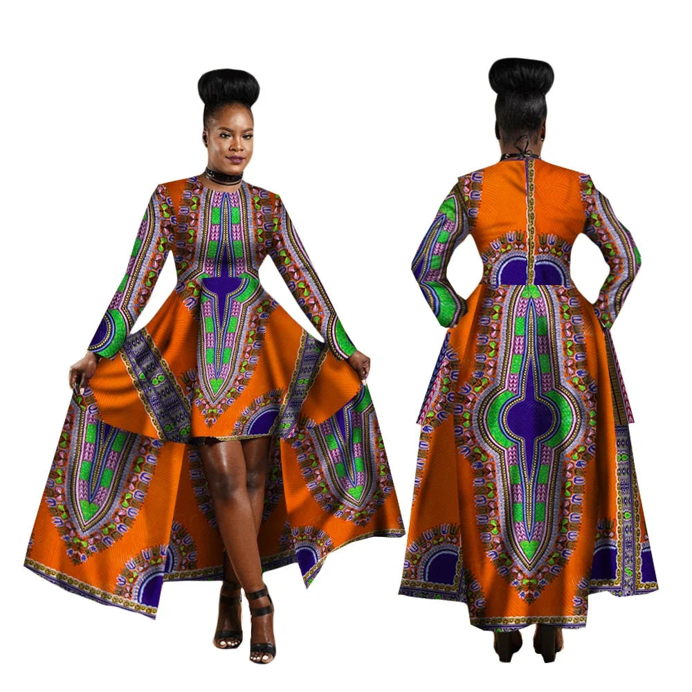 Woman wearing a colorful traditional dress with a prominent pattern, displayed from front and back views.