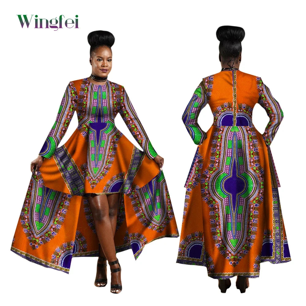 Robe Africaine Hi-Low Dashiki Vert, Or et Rouge pour orner toutes les morphologies du XS au 6X