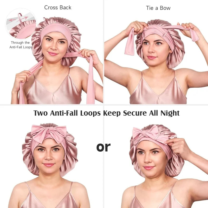Step-by-step guide showing how to wear Luxe Silk Bonnet with anti-fall loops and bow tie for secure, all-night hair protection.
