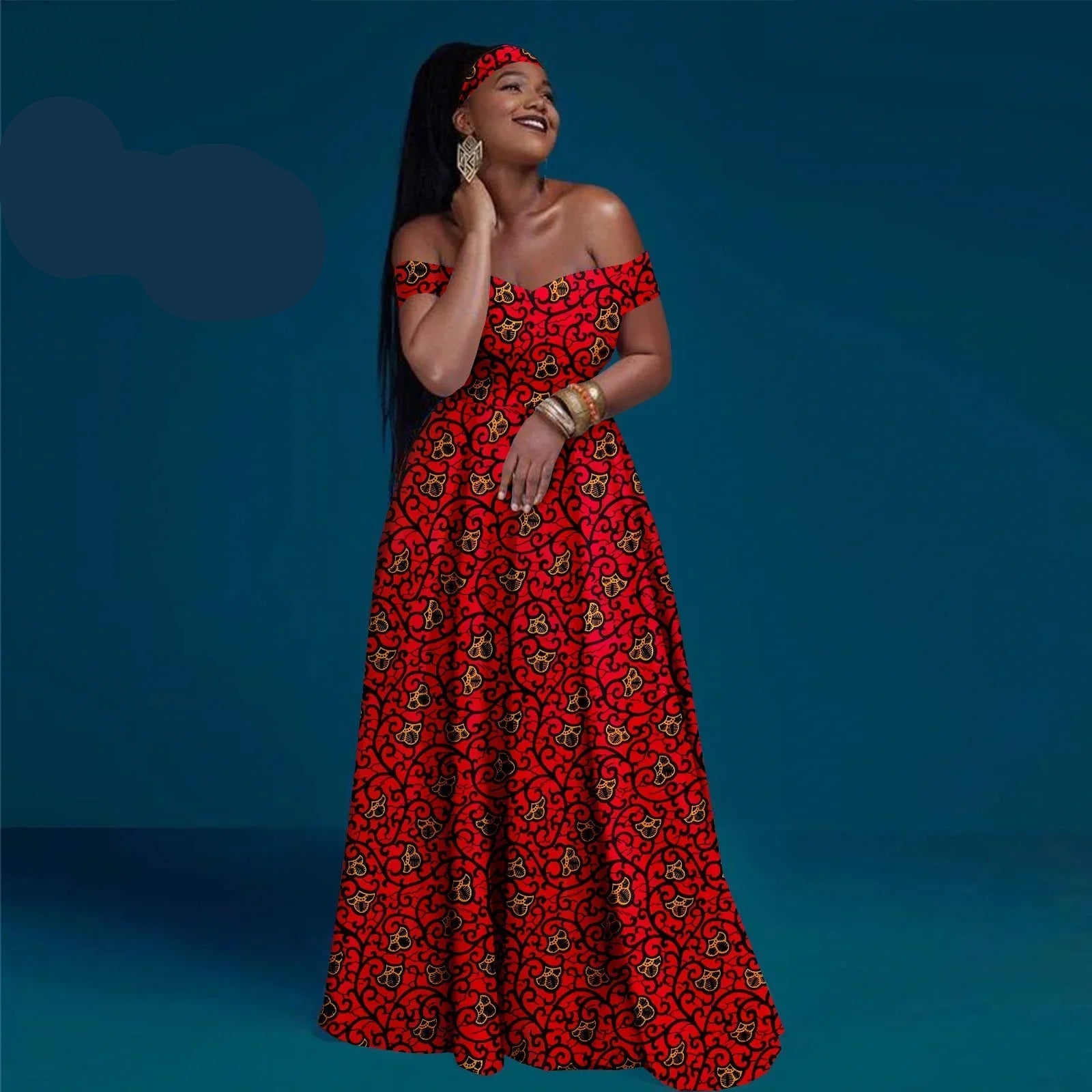 Woman wearing a red floral dress on a blue background with &