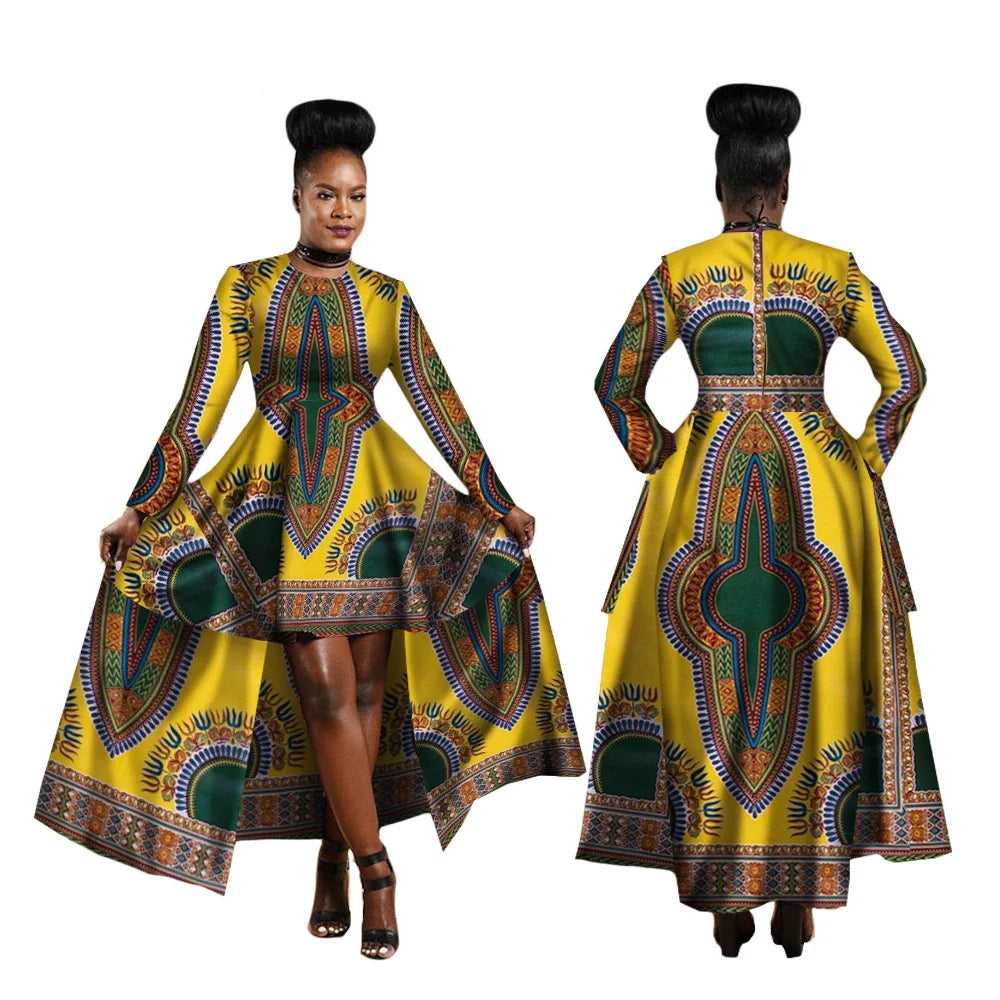 Woman wearing a colorful traditional dress with a visible brand name &