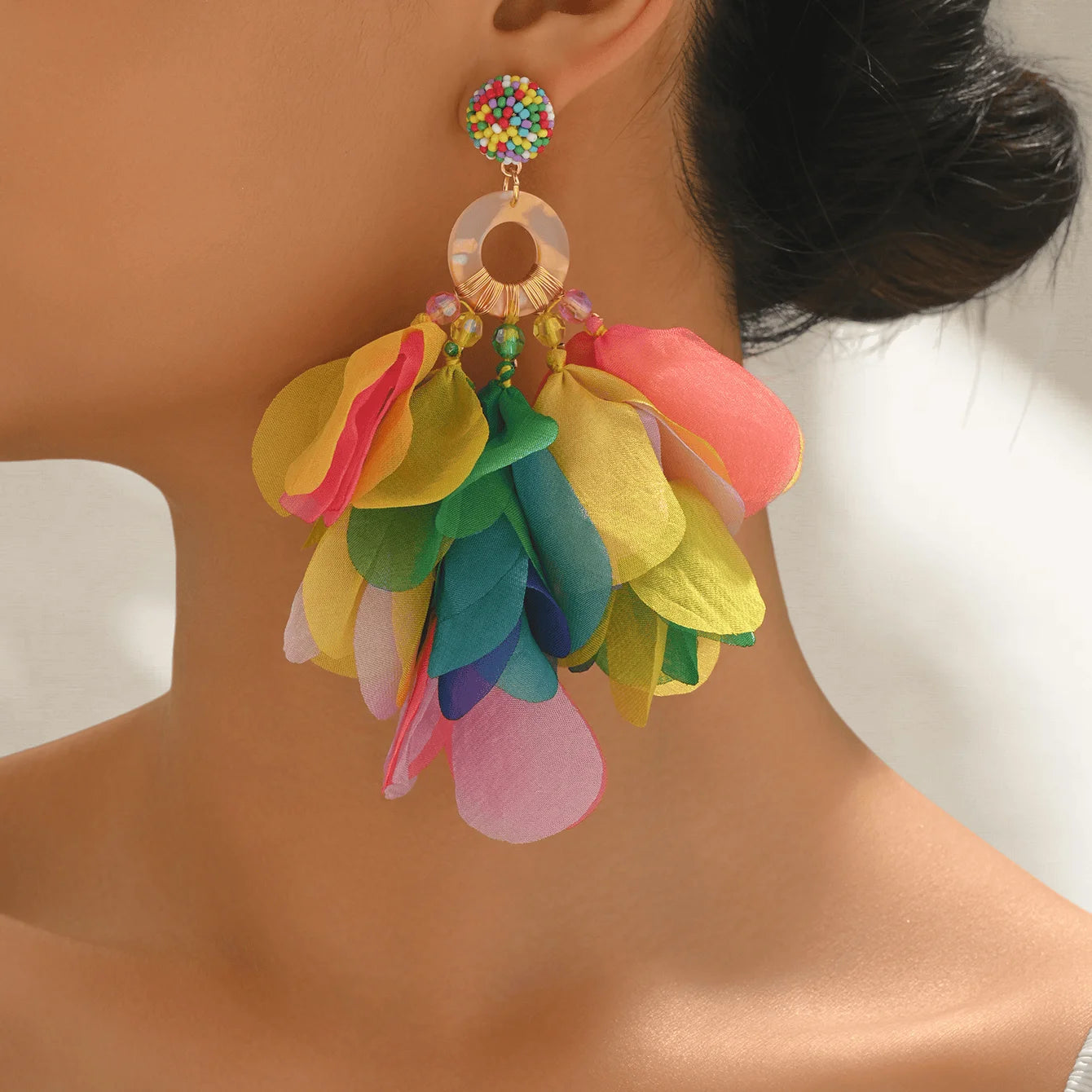 Oversized Fabric Petal Tassel Statement Earrings | Lightweight Floral Boho Drop Earrings for Women