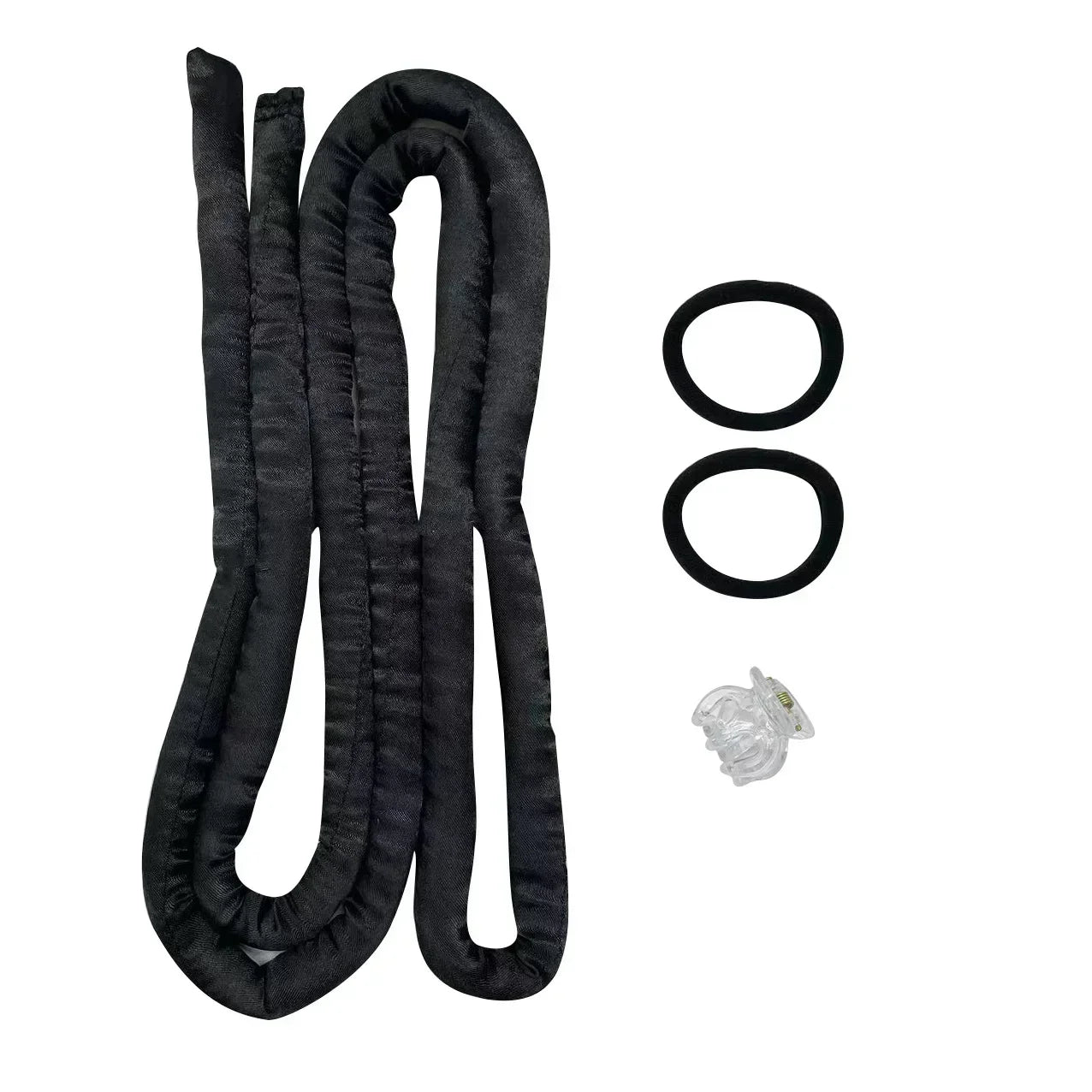 Black 2-in-1 Heatless Curling Headband set with two matching hair ties and a clip, ideal for heat-free natural hair styling.