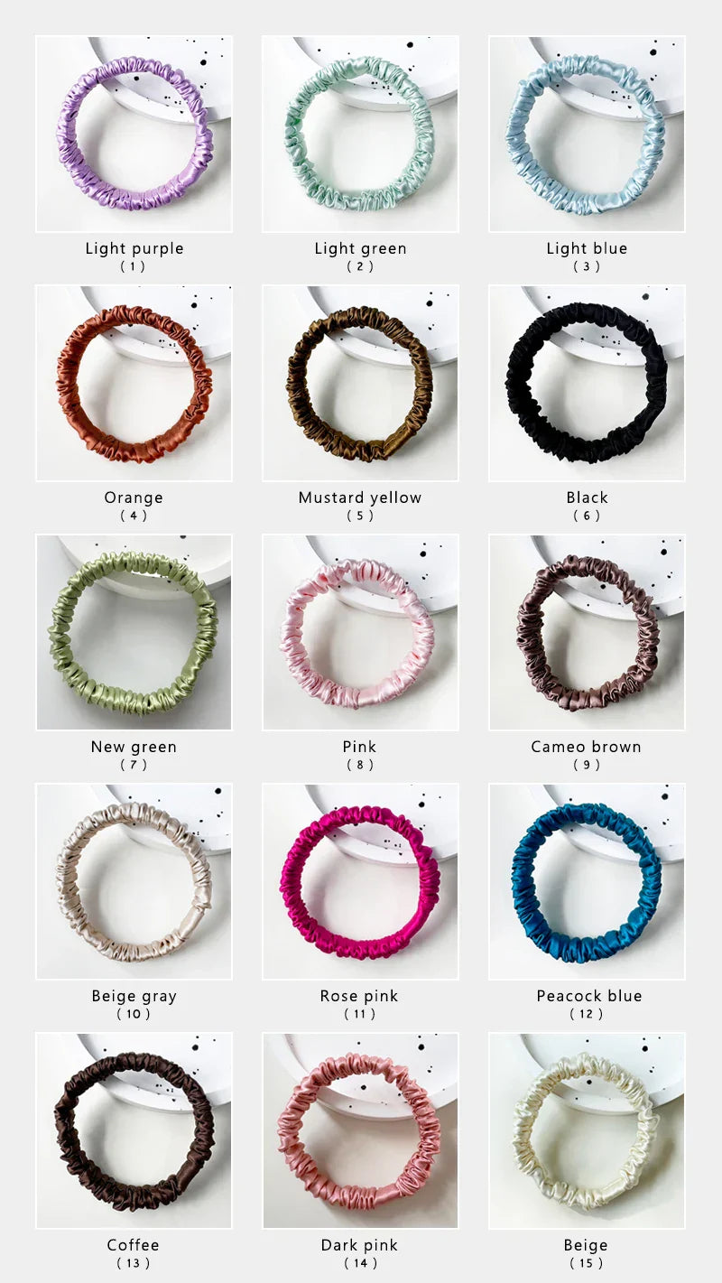 Color chart of mulberry silk elastic hair bands in 15 shades including pink, black, beige, and green. Ideal for customizing frizz-free hair accessories.