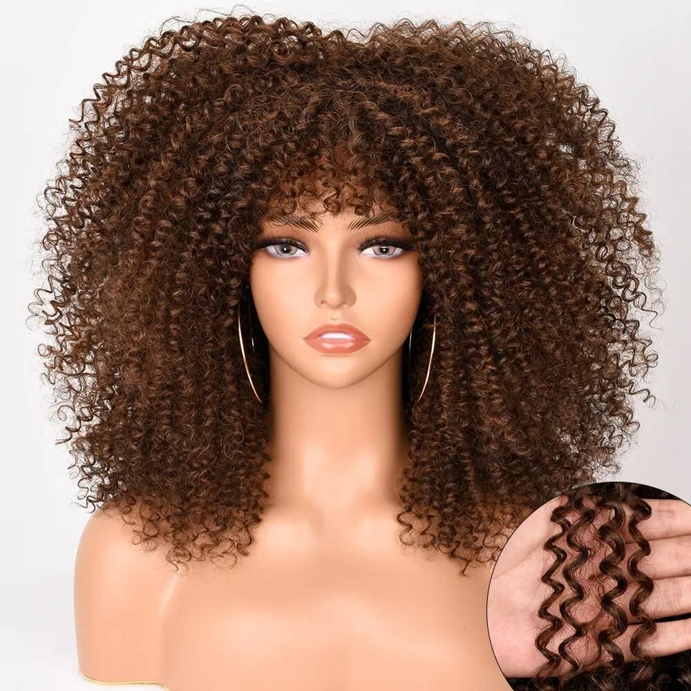 Brown Afro Kinky Curly Wig with Bangs, 16-inch synthetic short curly wig for Black women, featuring a close-up of the curly texture.