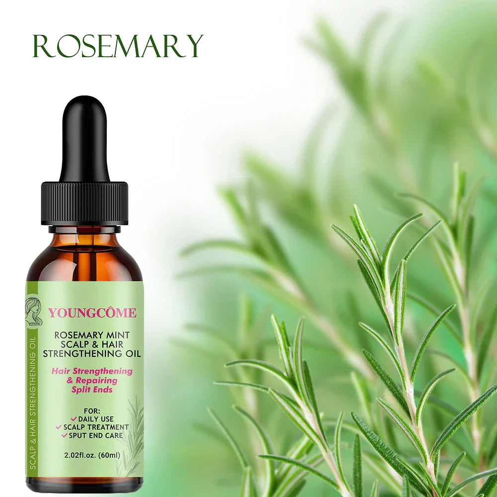 Youngcome Rosemary Mint Scalp and Hair Strengthening Oil bottle with rosemary plant in the background
