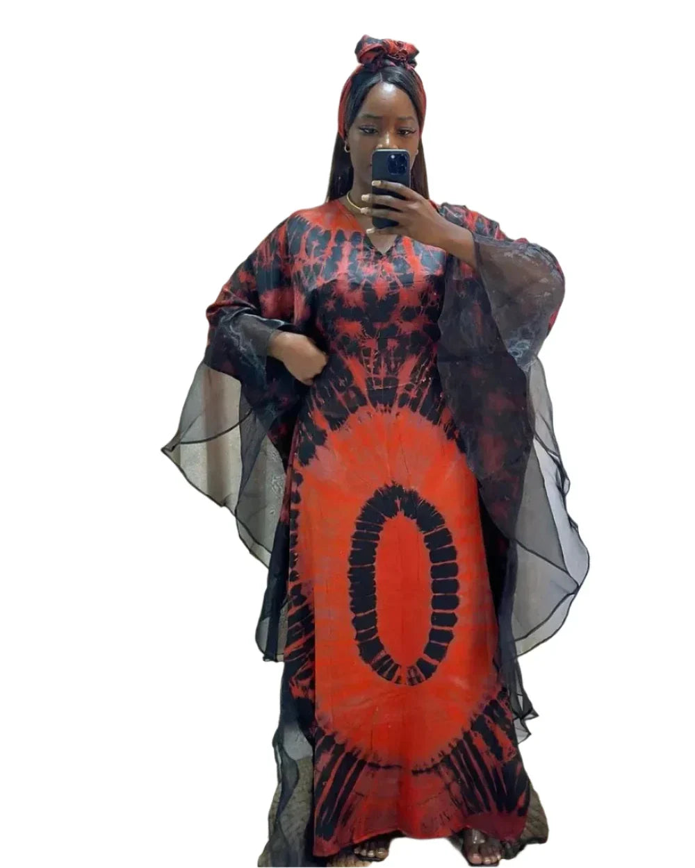 Black and red mesh patchwork caftan abaya dress with headscarf, designed with a bold African print and flowing chiffon fabric.