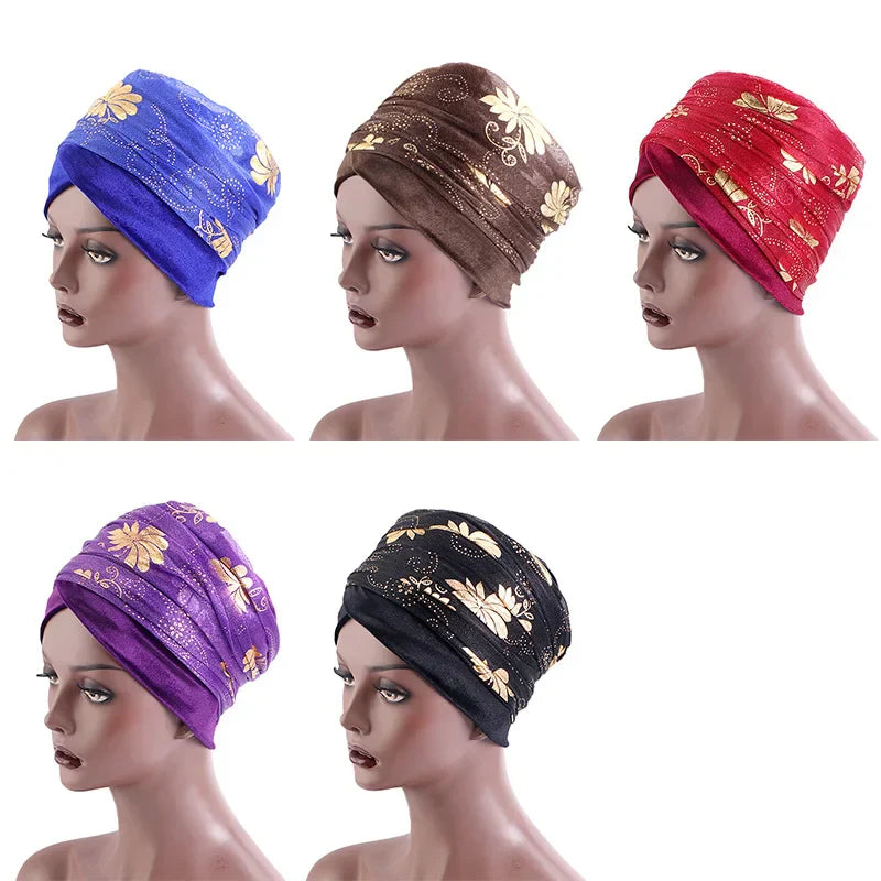 Set of five Regal Amethyst Adorned Headwraps in various colors, each featuring gold floral designs. A stylish and elegant headwear collection.