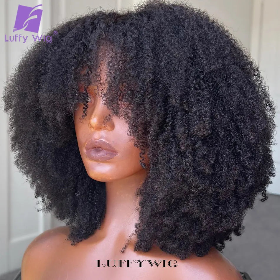 Glueless 4B 4C Afro kinky curly Brazilian human hair lace wig displayed on a mannequin, featuring a voluminous and natural curl pattern with bangs.