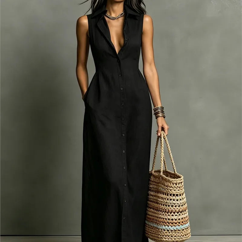 Fashion V-neck Maxi Dress Single Breasted Sleeveless