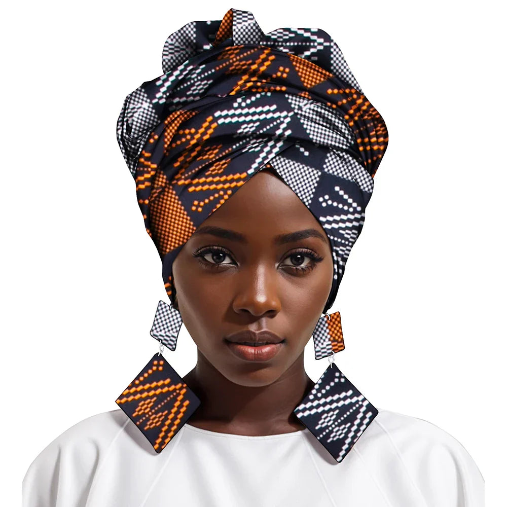 African Gele Head Wrap Scarf with Matching Earrings