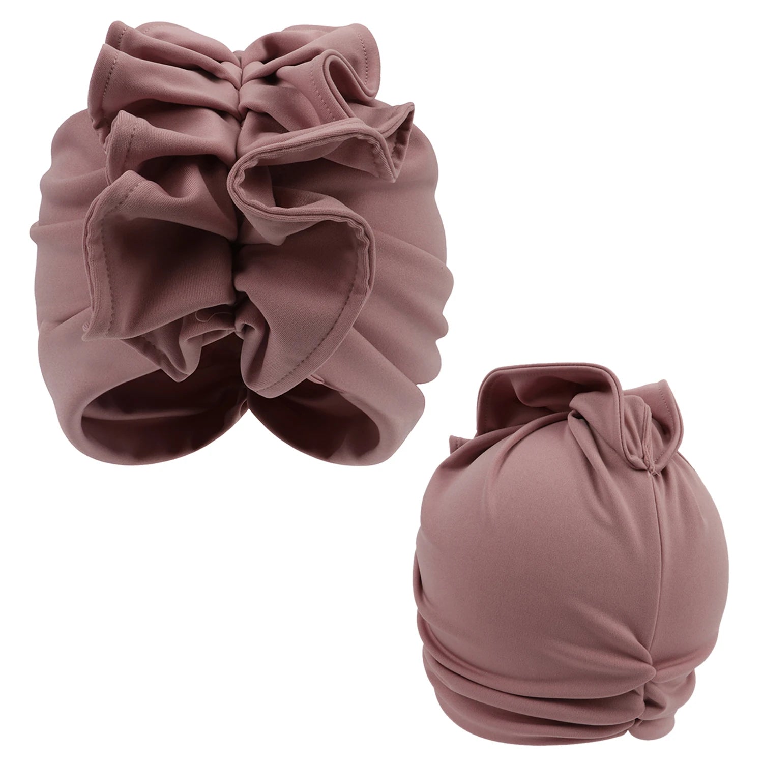 Soft pink Rosette Radiance Premade Headwrap with intricate ruffle details. A fashionable and comfortable headwear choice for all-day wear.