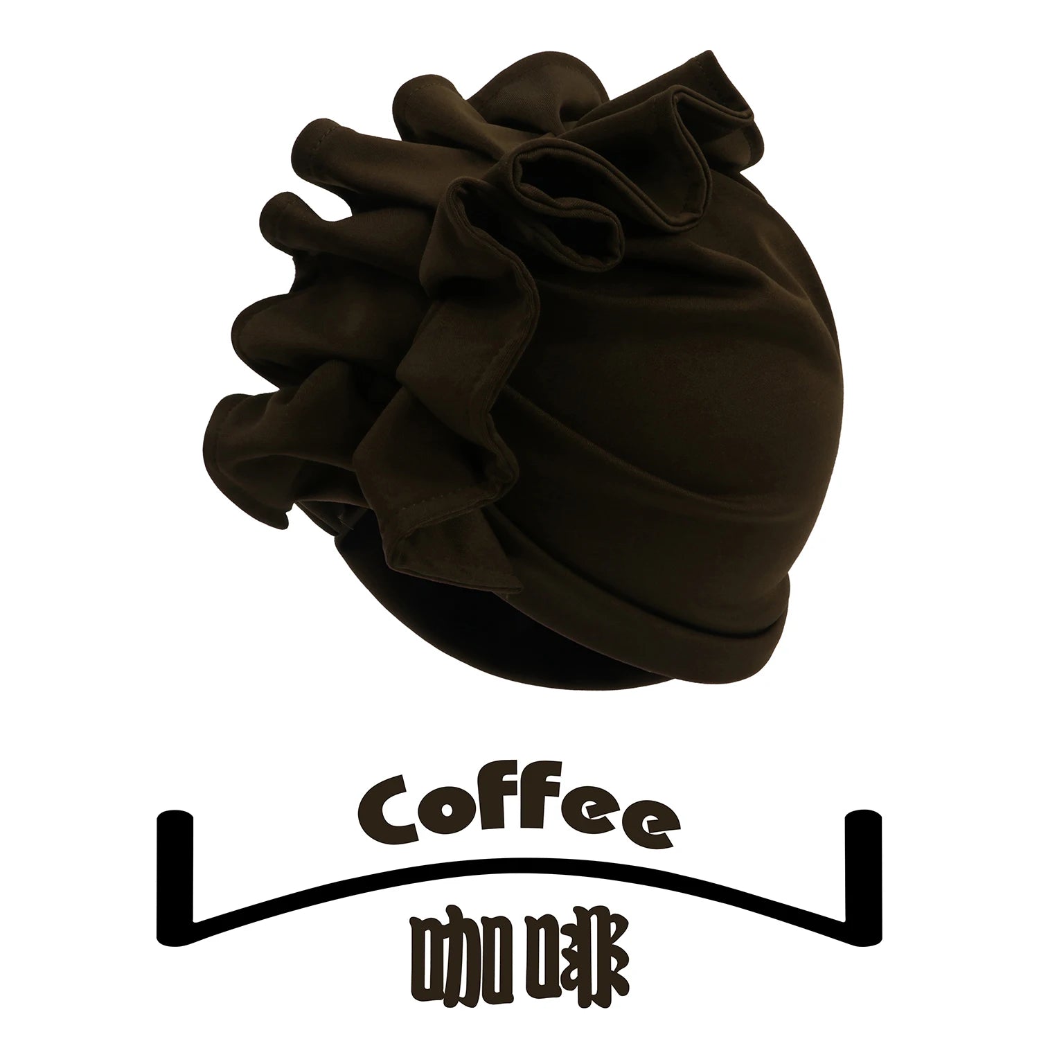 Coffee-colored Rosette Radiance Premade Headwrap with elegant ruffles. A stylish and comfortable headwrap for a refined look.