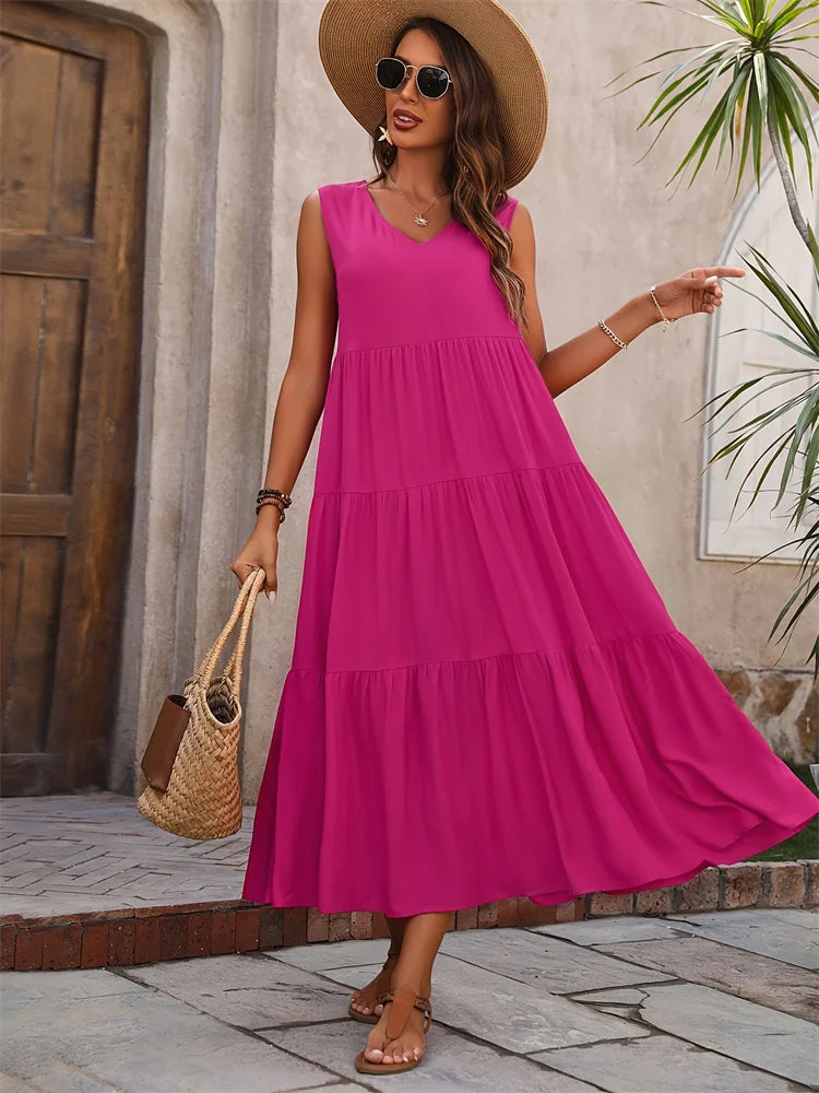 Women’s Summer V-Neck Tiered Maxi Dress - Sleeveless Boho Sundress in 5 Colors