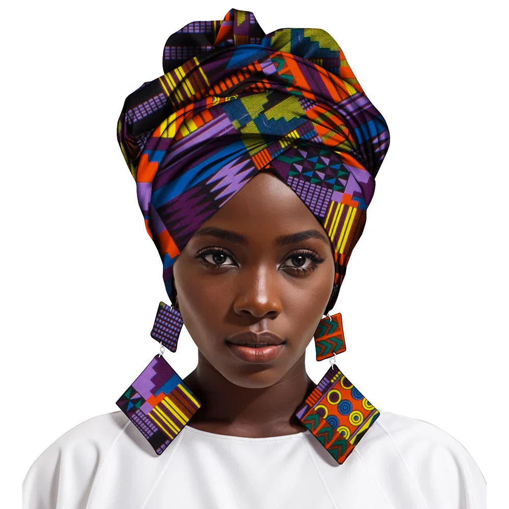 African Gele Head Wrap Scarf with Matching Earrings