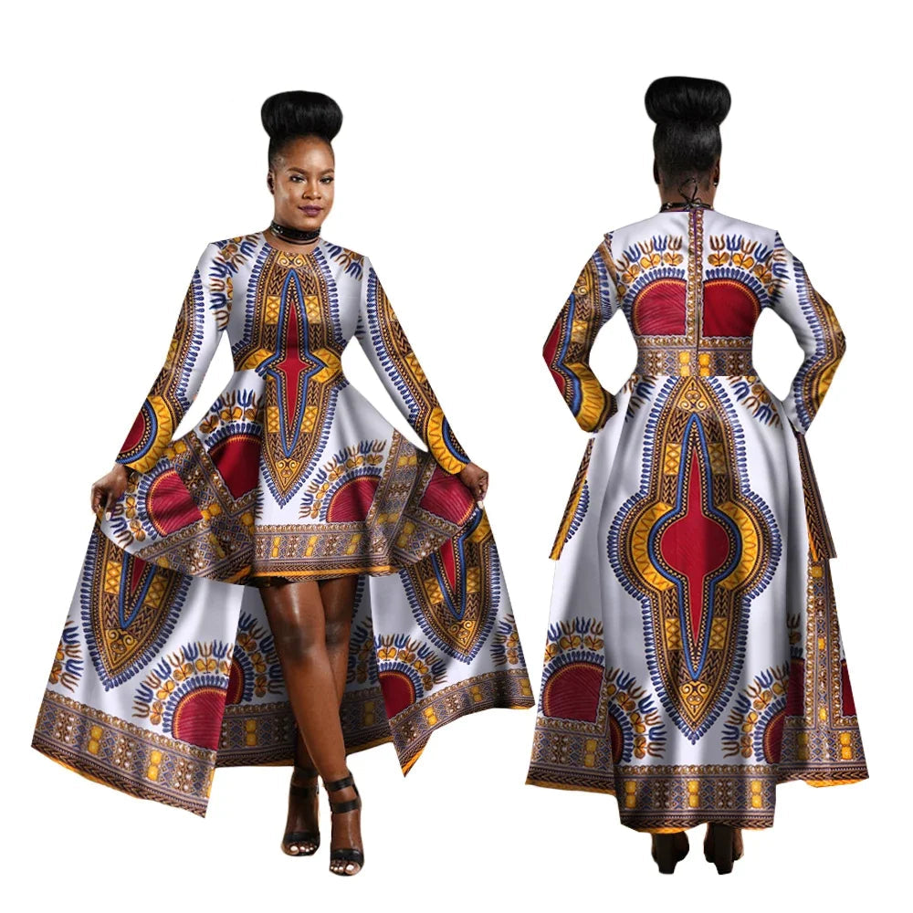 Woman wearing a colorful dress with intricate patterns, shown from front and back, on a white background.