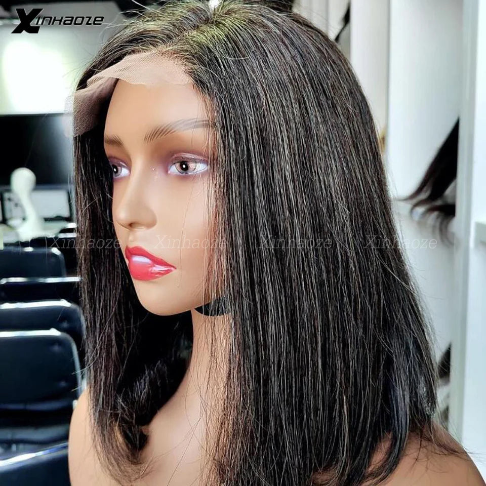 Straight grey-black lace frontal wig with a sleek bob cut, offering a natural hairline and smooth texture.