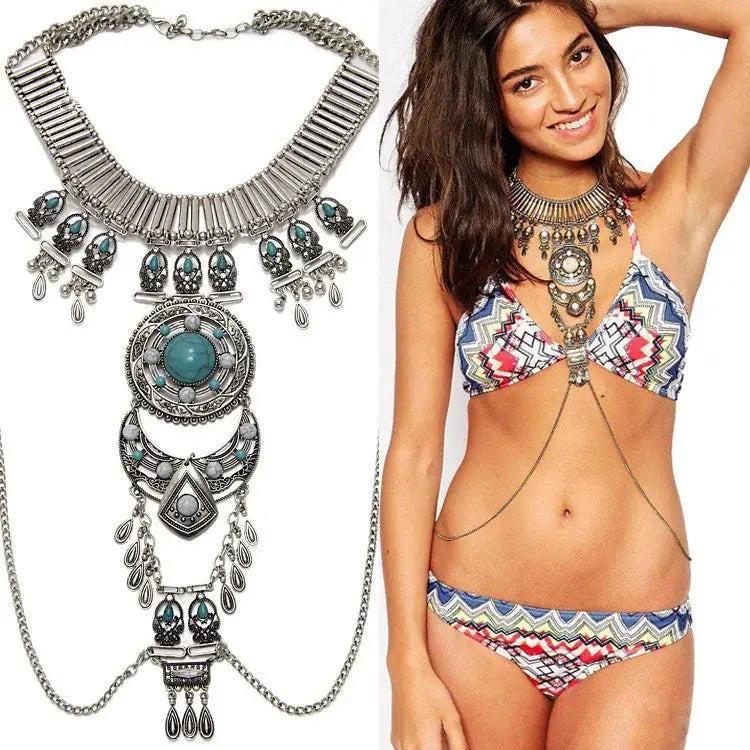 Bohemian Silver Statement Necklace with Turquoise Accents