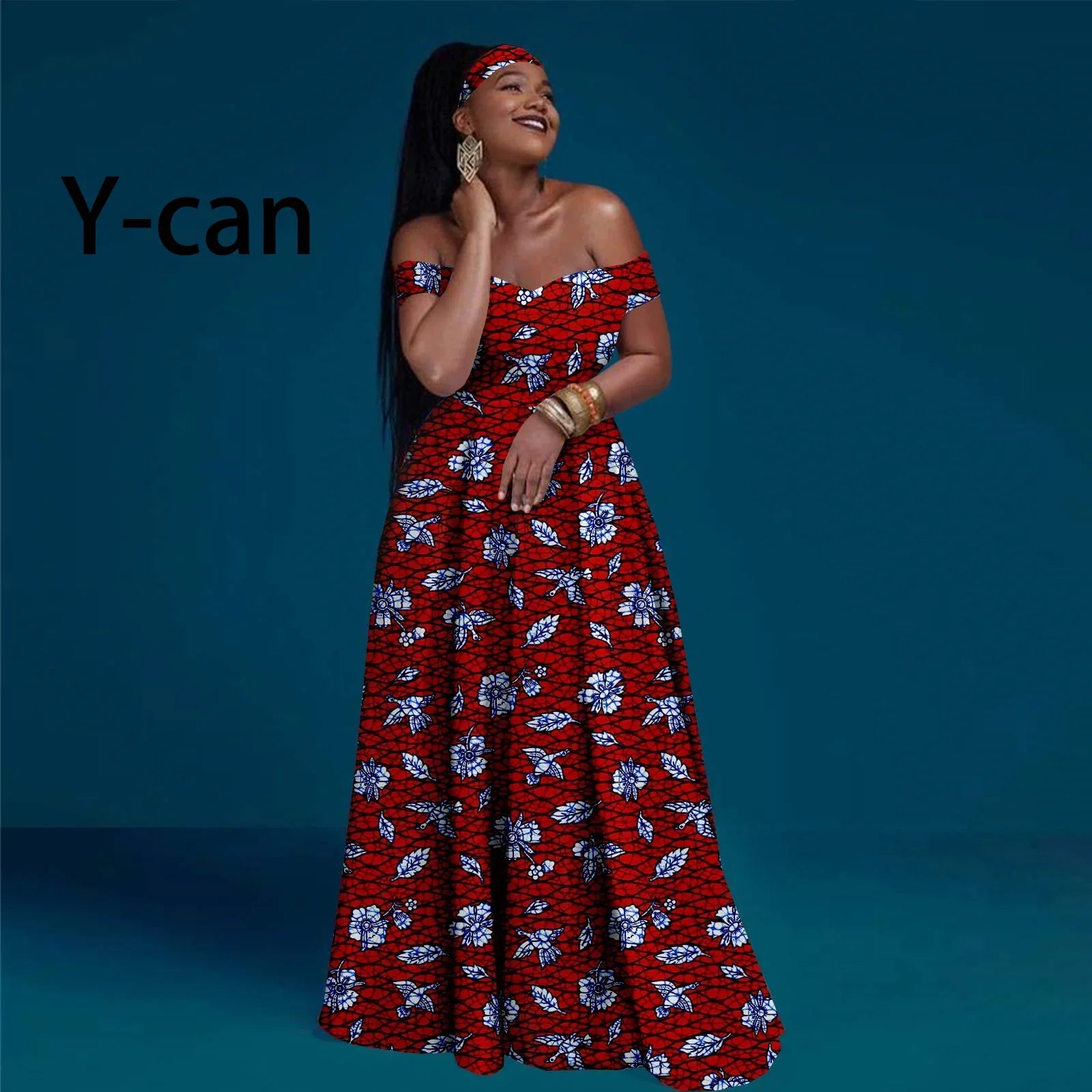 A-line African Dress Off Shoulder Sleeveless Gown with Headwrap