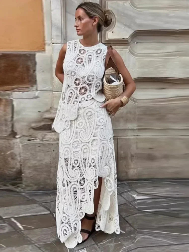 Elegant White Paisley Lace Overlay Maxi Dress