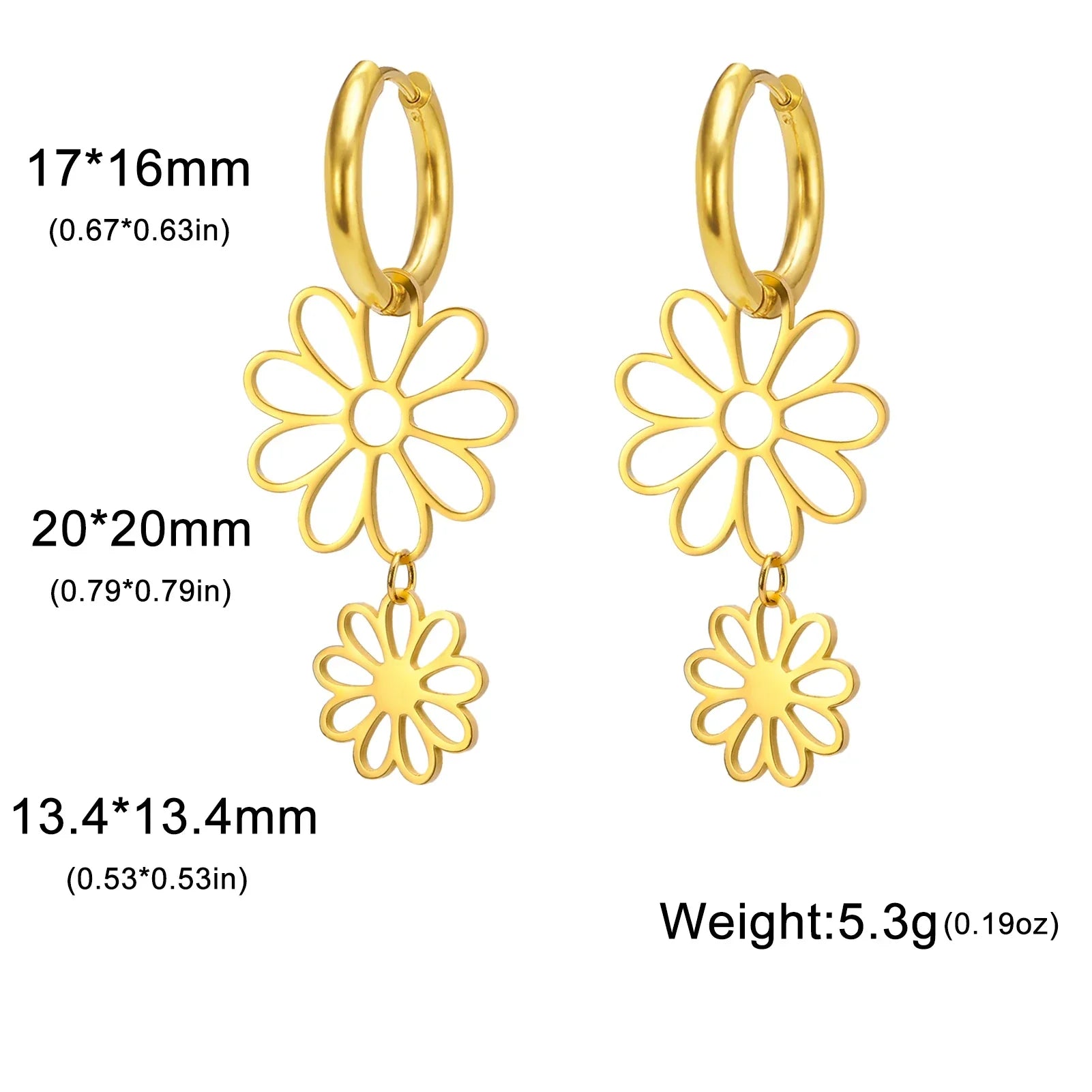 Gold flower drop earrings with size dimensions and weight details. Delicate and lightweight jewelry featuring a double floral charm.