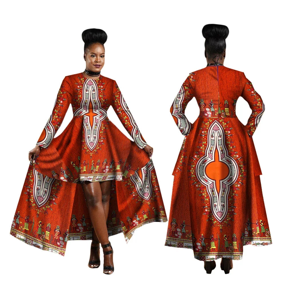 Red traditional dress with intricate patterns worn by a model, displayed from front and back on a white background.