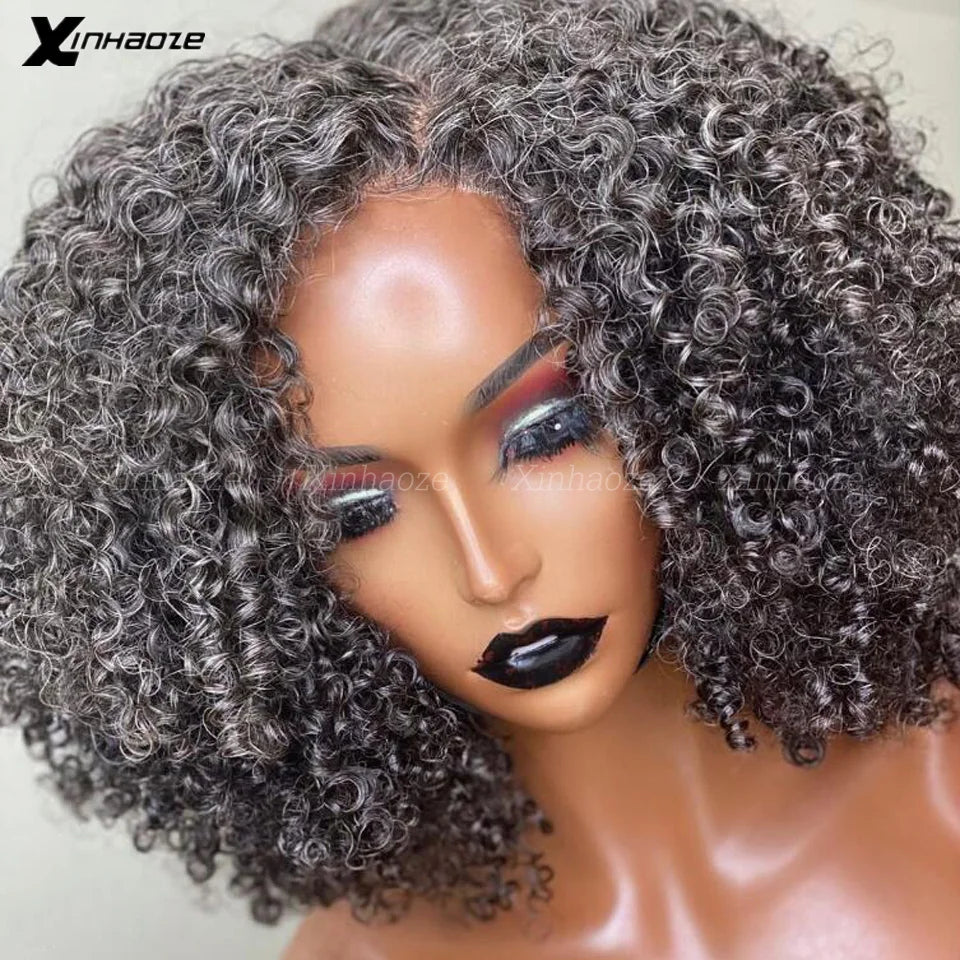 Grey-black curly bob wig with 13x4 lace frontal, featuring tight afro kinky curls for a voluminous and natural look.