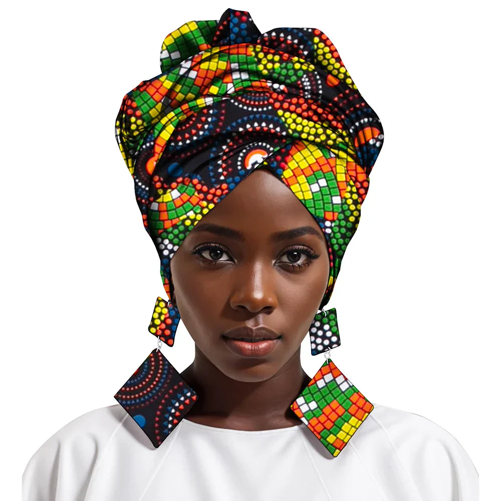 African Gele Head Wrap Scarf with Matching Earrings