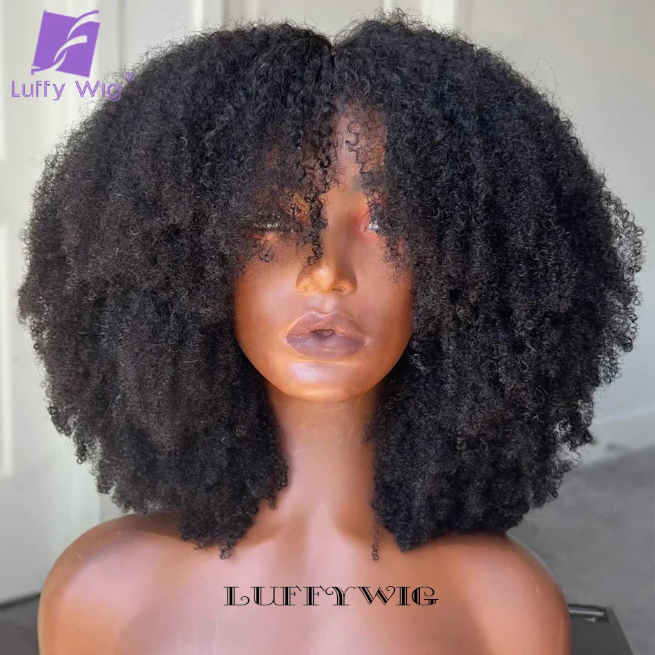 Brazilian human hair glueless lace wig with 4B 4C Afro kinky curls, styled with bangs, showcased on a mannequin for a natural and full look.