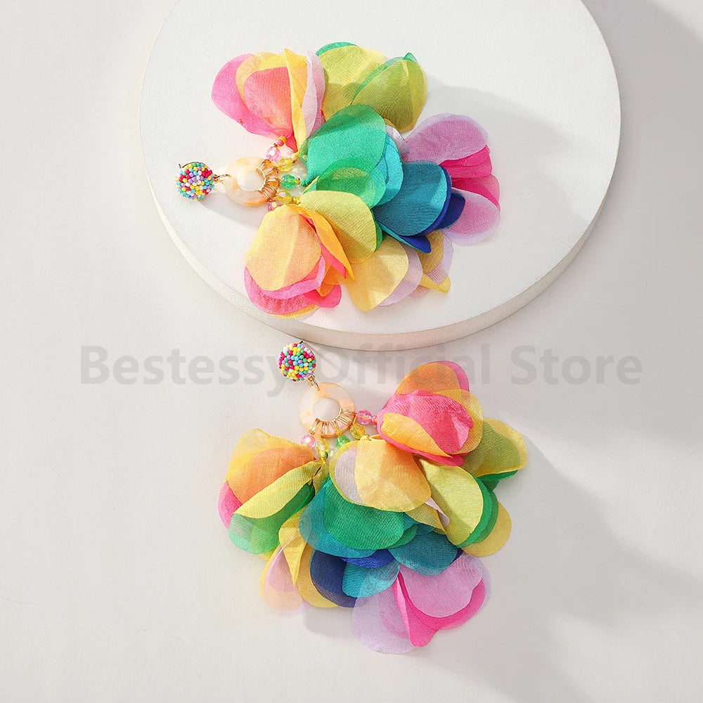 Oversized Fabric Petal Tassel Statement Earrings | Lightweight Floral Boho Drop Earrings for Women