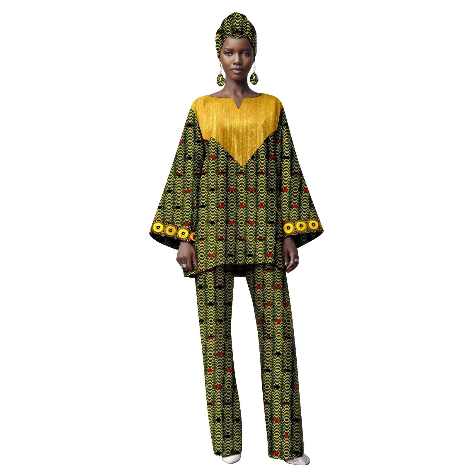 Woman wearing a green and yellow patterned outfit with &