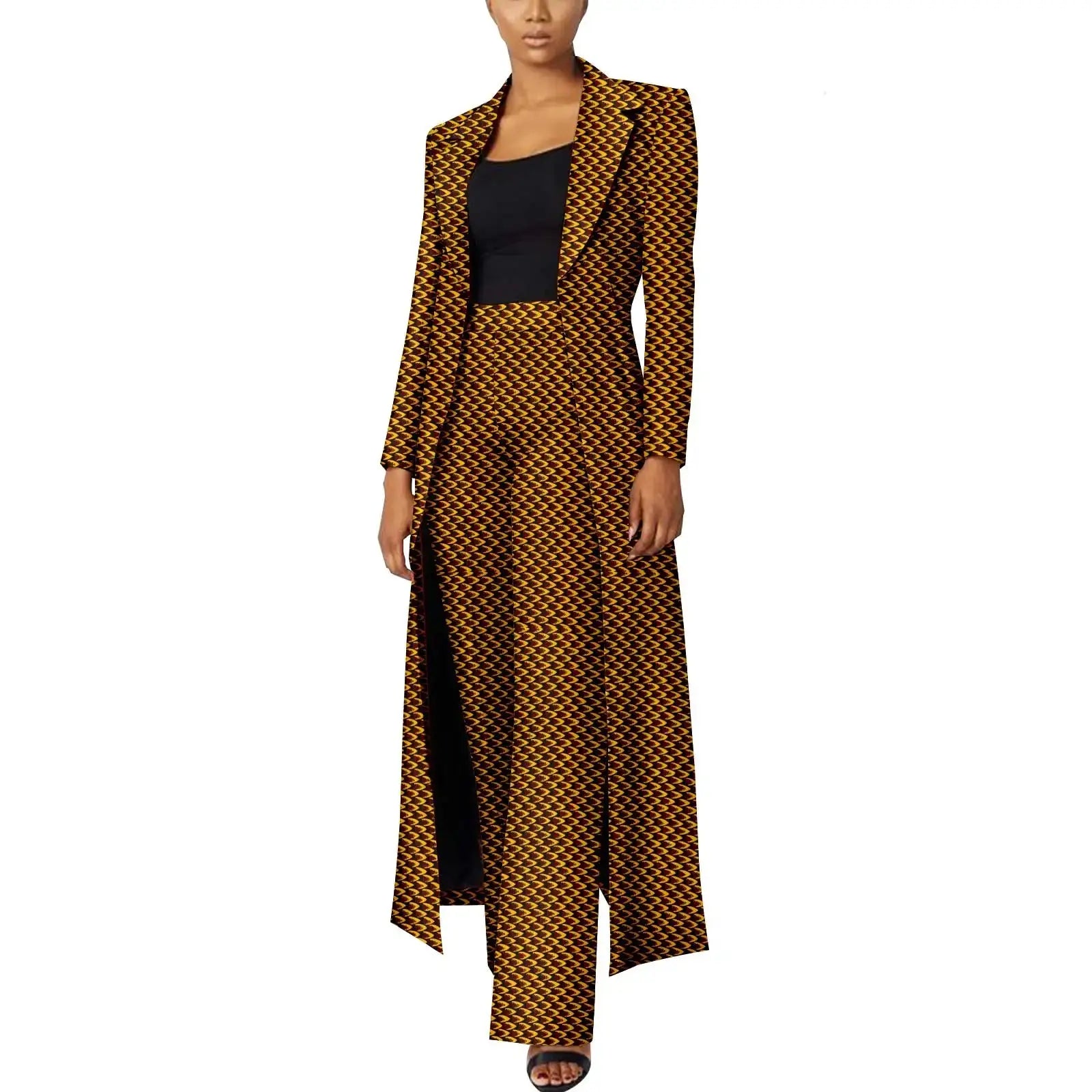 Elegant African Print Two-Piece Suit: Long Tailored Jacket & Wide Leg Pants - Ankara