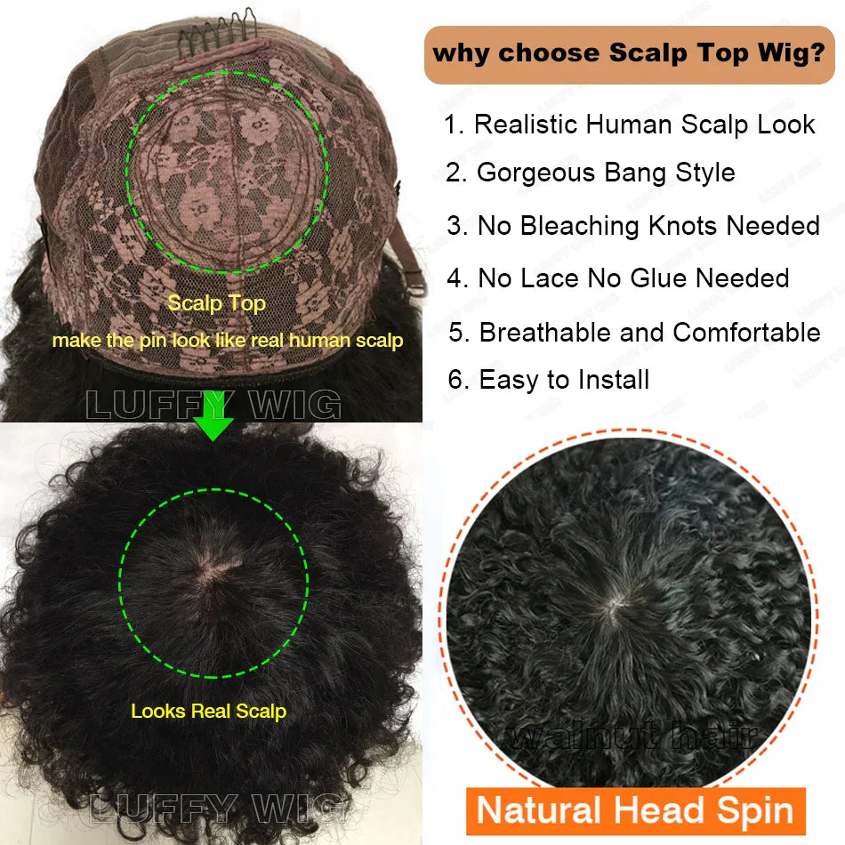 Detailed view of the scalp top design of a glueless 4B 4C Afro kinky curly Brazilian human hair lace wig, highlighting its realistic scalp look and breathable cap.