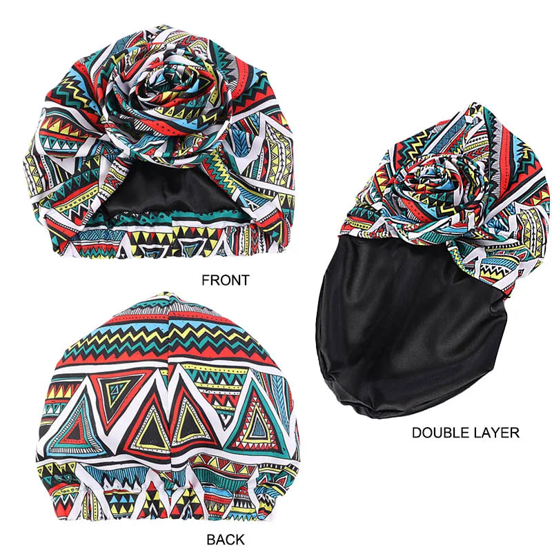 Front and back view of Afrocentric Melody Headwrap with double-layer satin lining. Elastic band ensures a secure and comfortable fit for all-day wear.