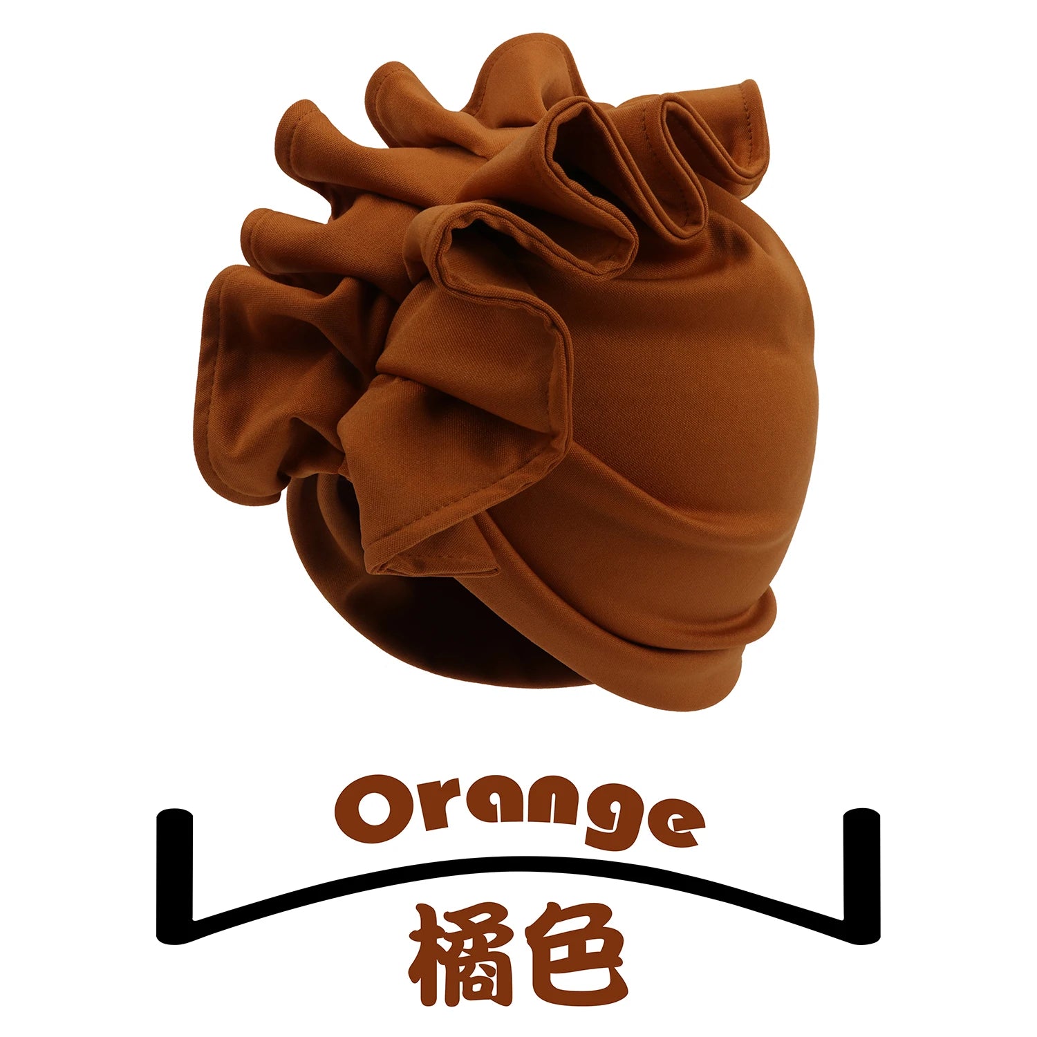 Orange Rosette Radiance Premade Headwrap with voluminous ruffle accents. A vibrant and fashionable headwear accessory for any outfit.